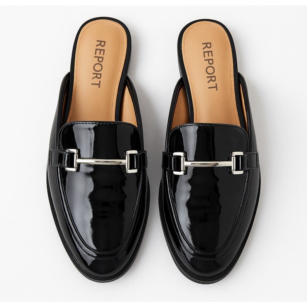 REPORT Quade Women’s Black Patent Leather Mule Loafers Size 8 Slip-On Flats